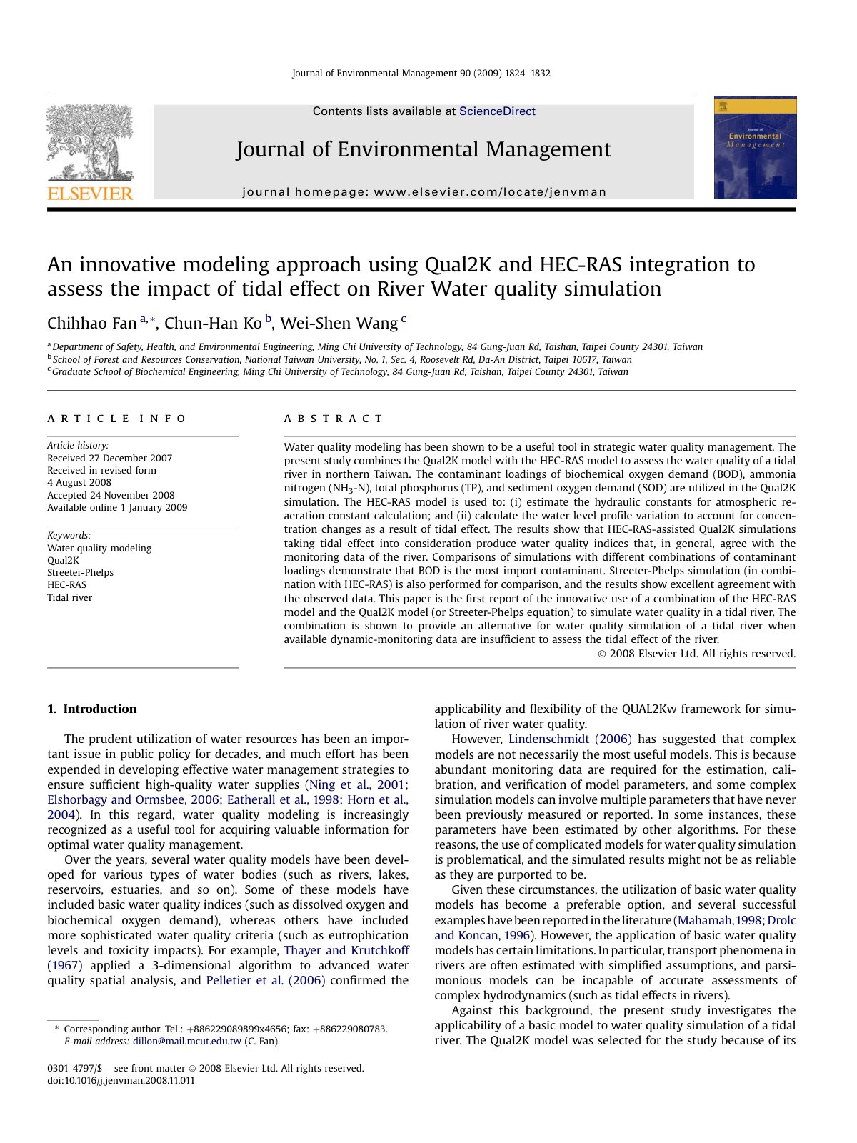 First page of An innovative modeling approach using Qual2K and HEC-RAS integration to assess the impact of tidal effect on River Water quality simulation