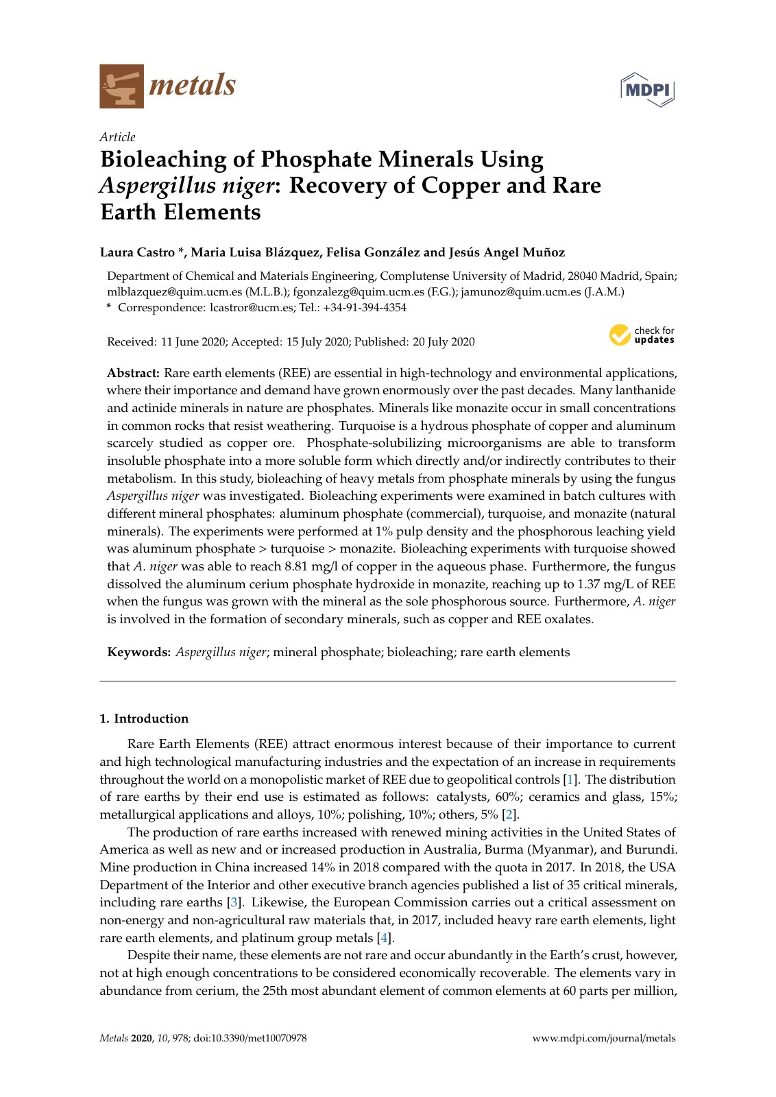 First page of Bioleaching of Phosphate Minerals Using Aspergillus niger: Recovery of Copper and Rare Earth Elements