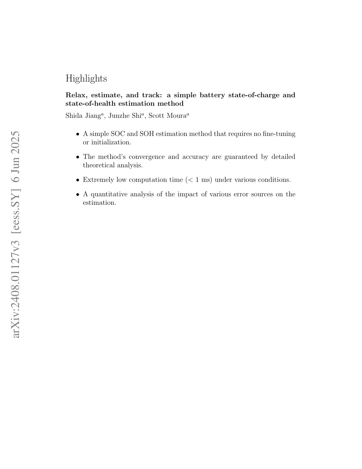 First page of Relax, estimate, and track: a simple battery state-of-charge and state-of-health estimation method
