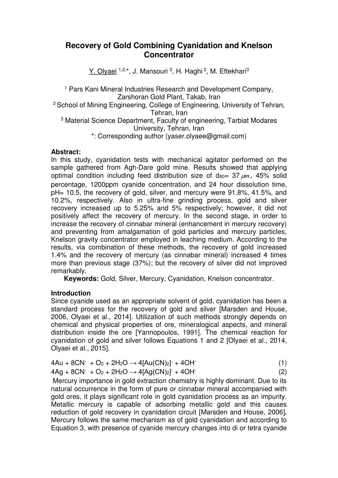 First page of Recovery of Gold Combining Cyanidation a