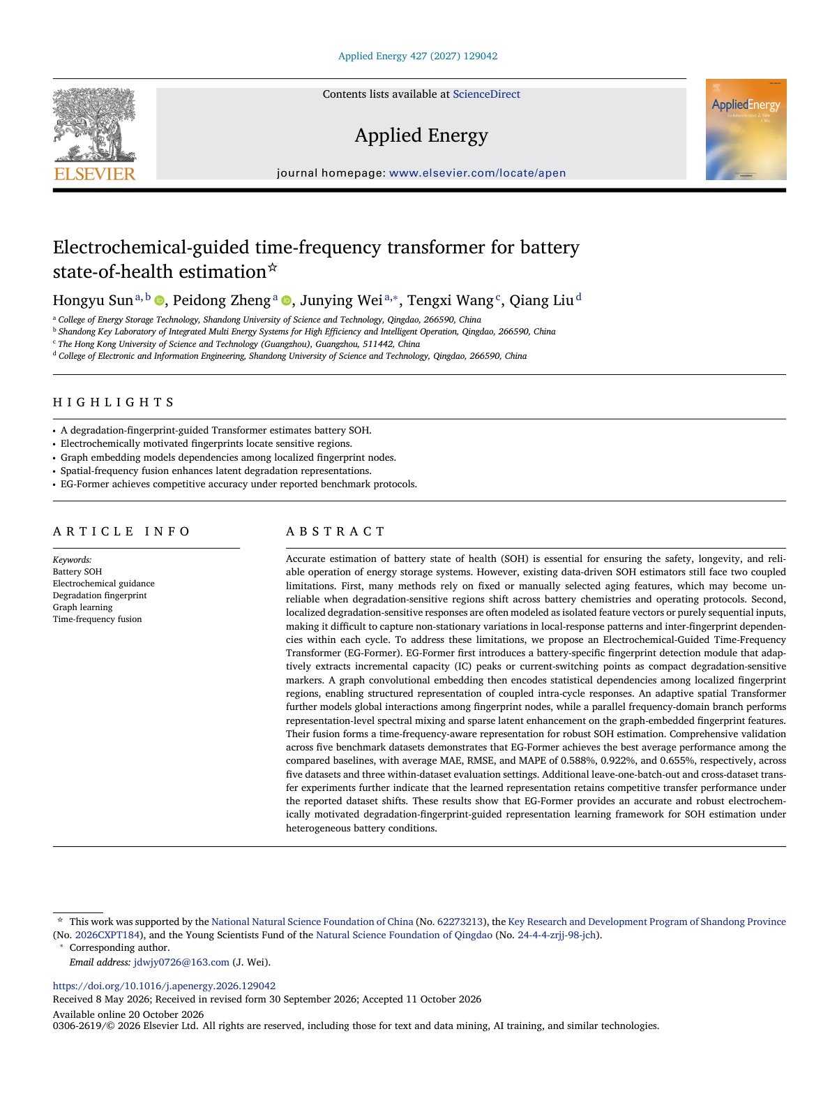 First page of Electrochemical guided time frequency transformer for battery 2027 Applied E
