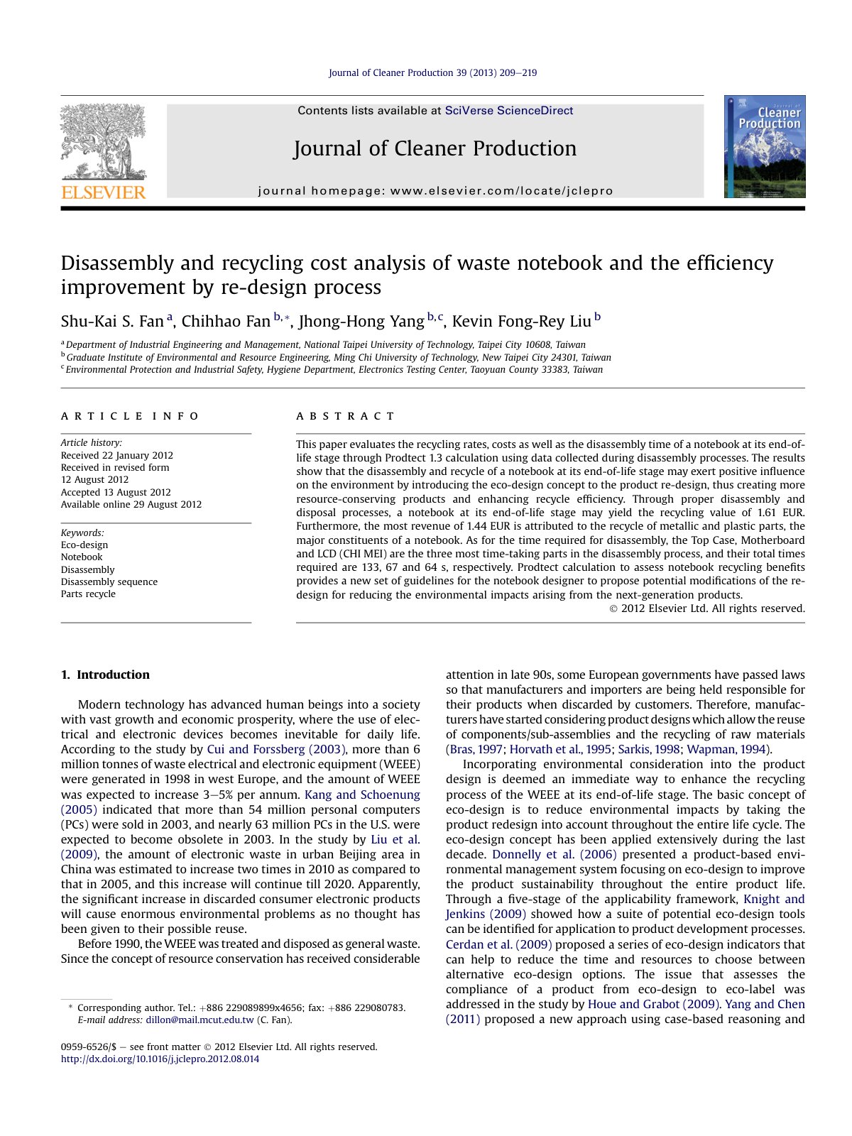 First page of Disassembly and recycling cost analysis of waste notebook and the efﬁciency improvement by re-design process