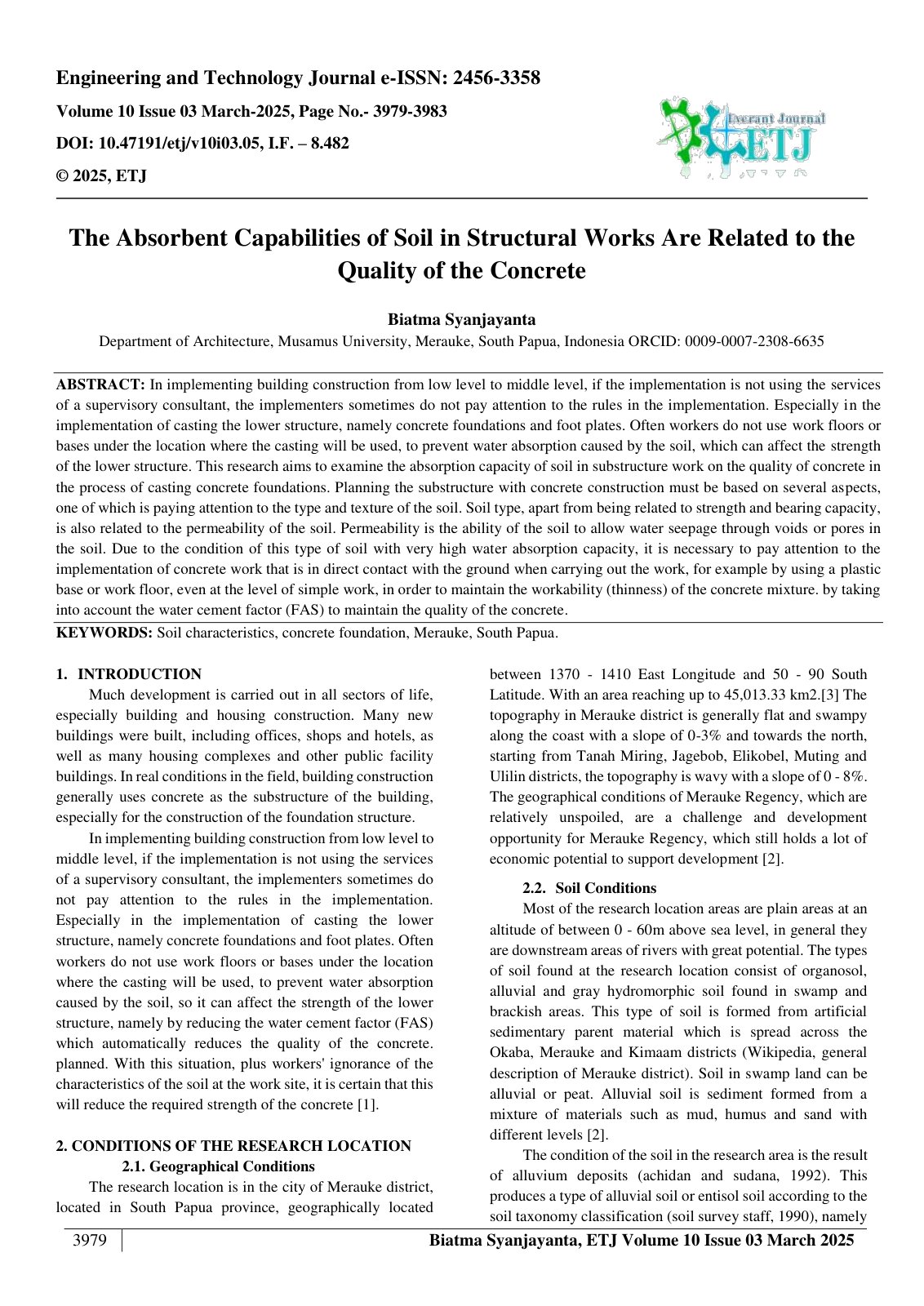 First page of The Absorbent Capabilities of Soil in Structural Works Are Related to the  Quality of the Concrete  