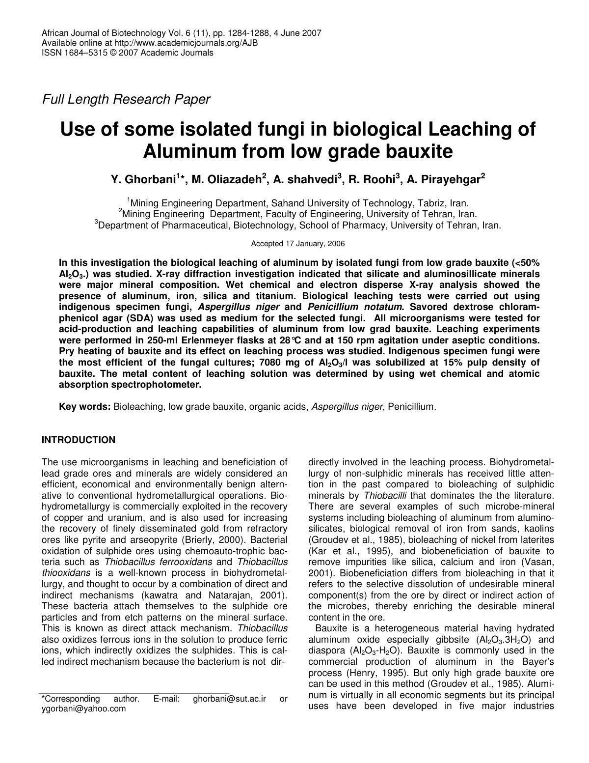 First page of Use of some isolated fungi in biological Leaching of Aluminum from low grade bauxite