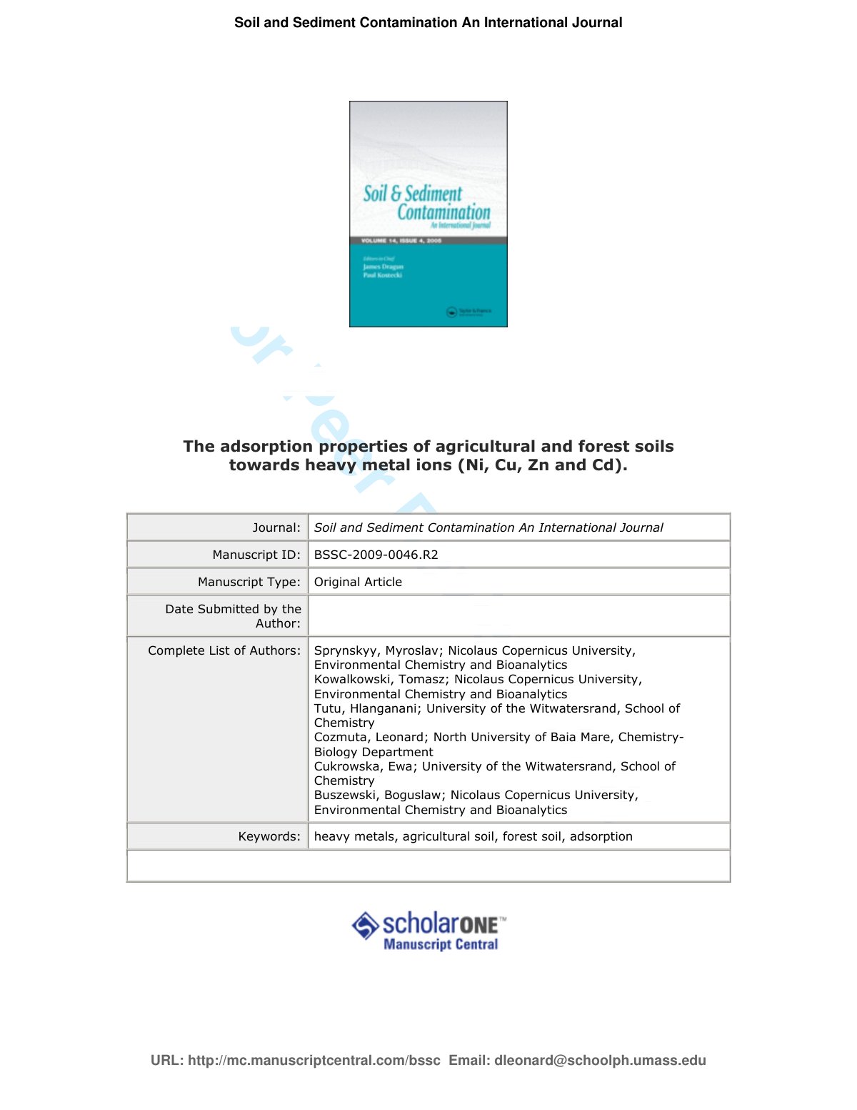 First page of The adsorption properties of agricultural and forest soils towards heavy metal ions (Ni, Cu, Zn and Cd)