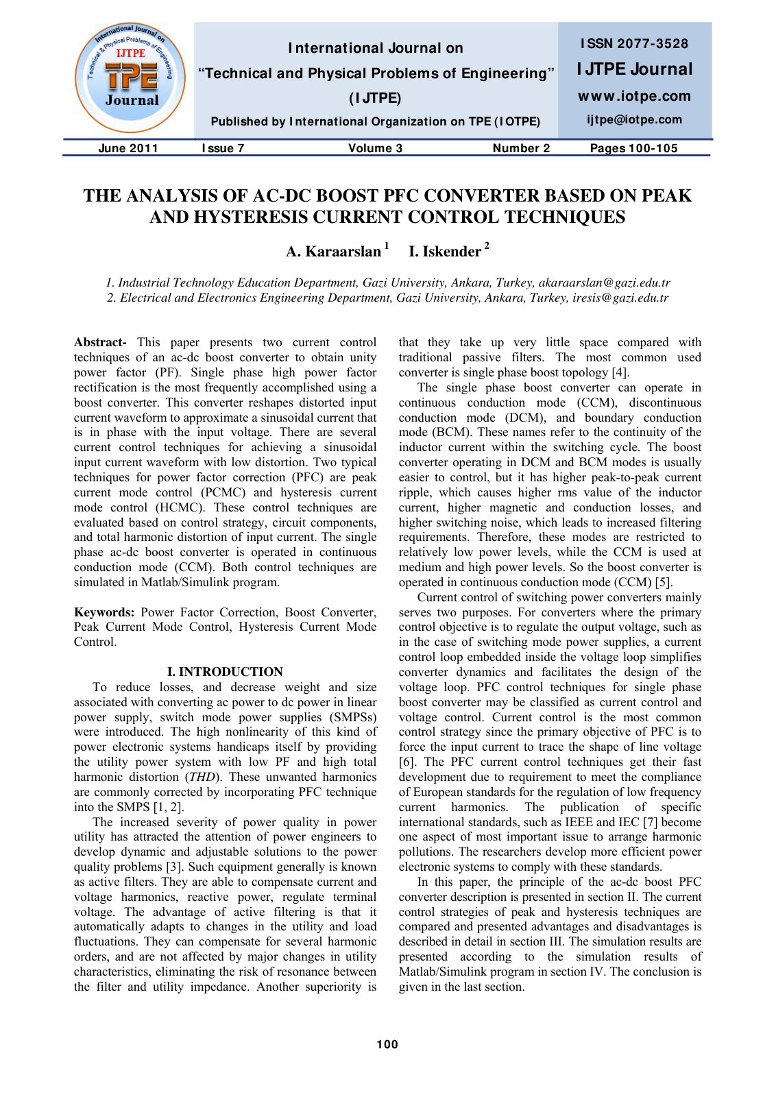 First page of THE ANALYSIS OF AC-DC BOOST PFC CONVERTER BASED ON PEAK AND HYSTERESIS CURRENT CONTROL TECHNIQUES