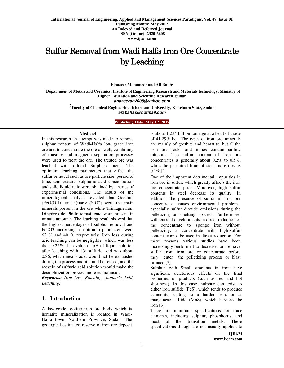 First page of Sulfur Removal from Wadi Halfa Iron Ore