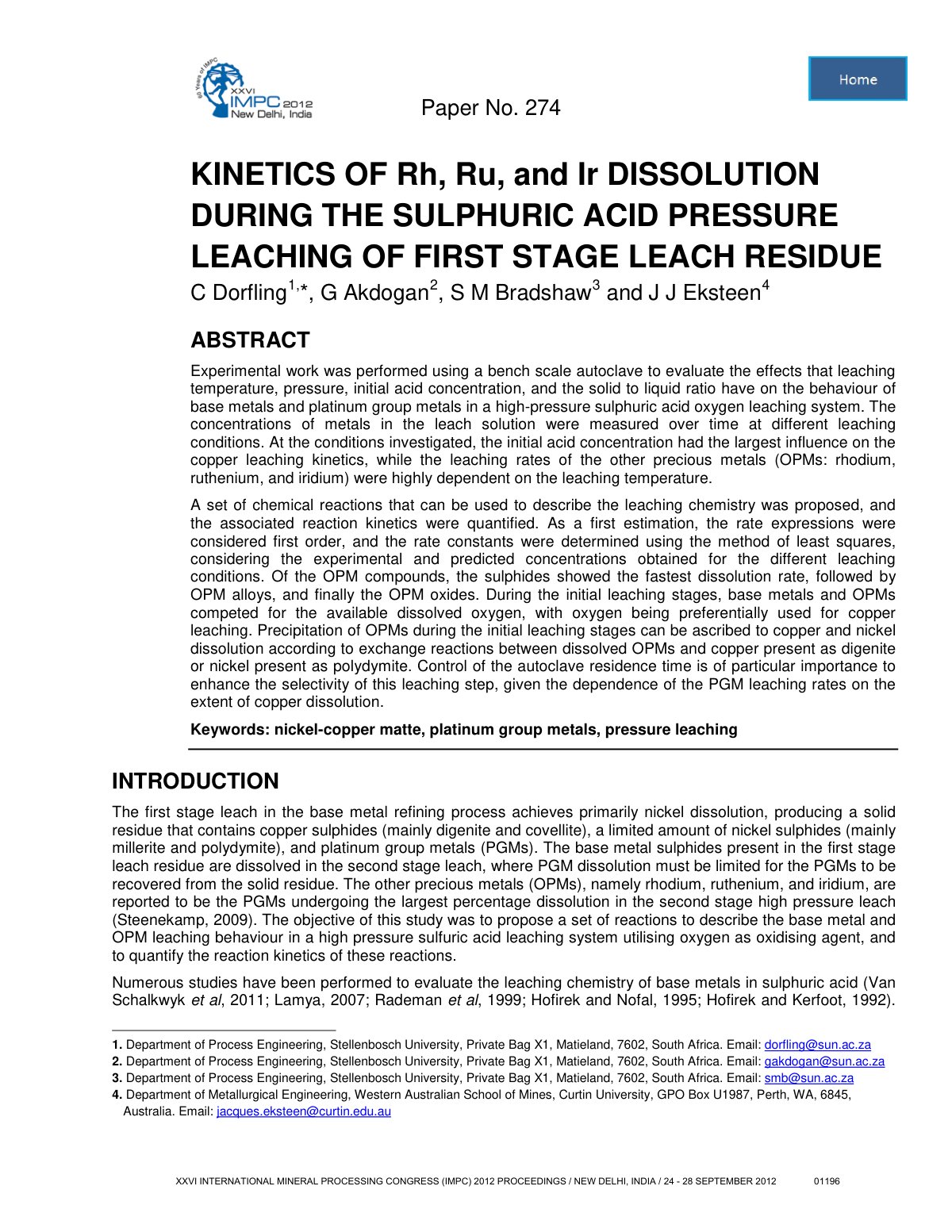 First page of Kinetics of Rh, Ru, and Ir Dissolution During the Sulphuric Acid Pressure Leaching of First Stage Leach Residue