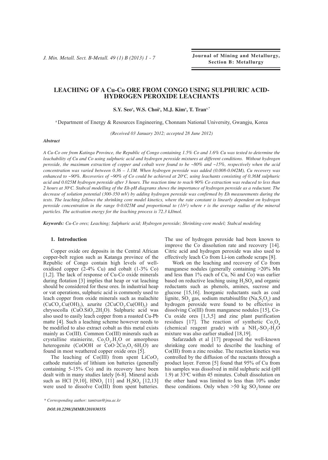 First page of LEACHING OF A Cu-Co ORE FROM CONGO USING SULPHURIC ACID-HYDROGEN PEROXIDE LEACHANTS