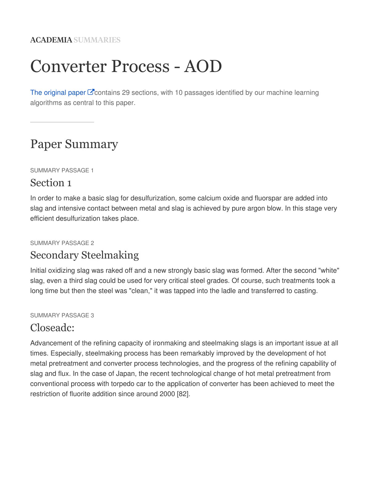 First page of Academia Summary — Converter Process   AOD