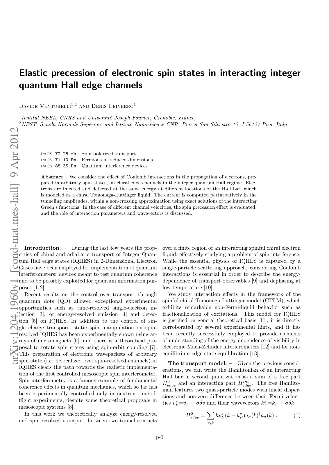 First page of Elastic precession of electronic spin states in interacting integer quantum Hall edge channels