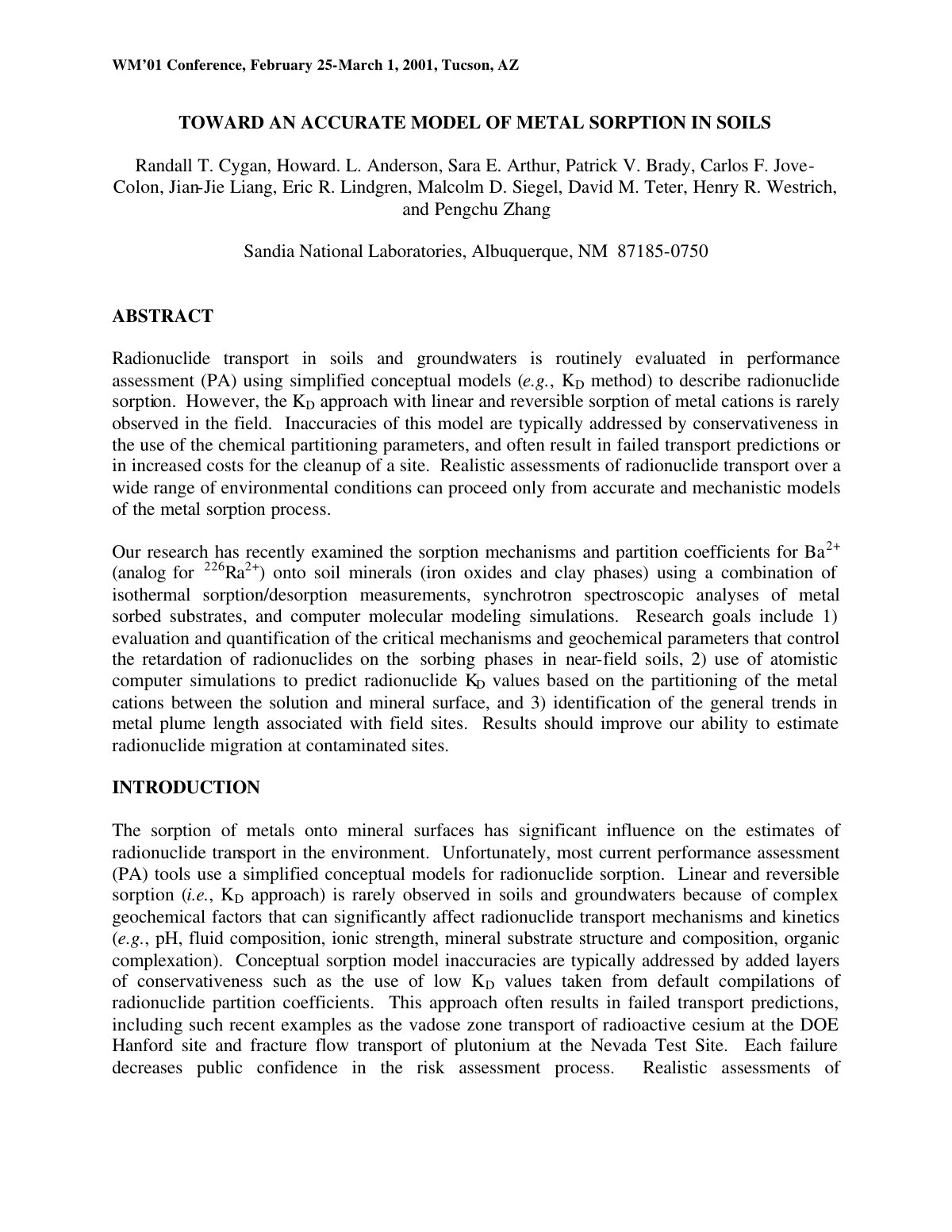 First page of TOWARD AN ACCURATE MODEL OF METAL SORPTION IN SOILS
