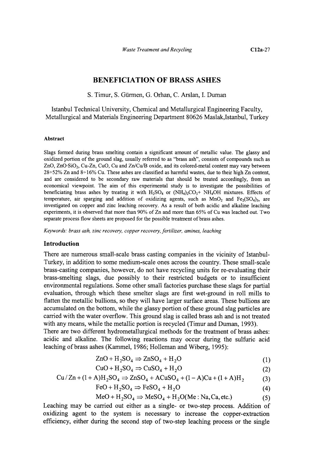 First page of BENEFICIATION OF BRASS ASHES