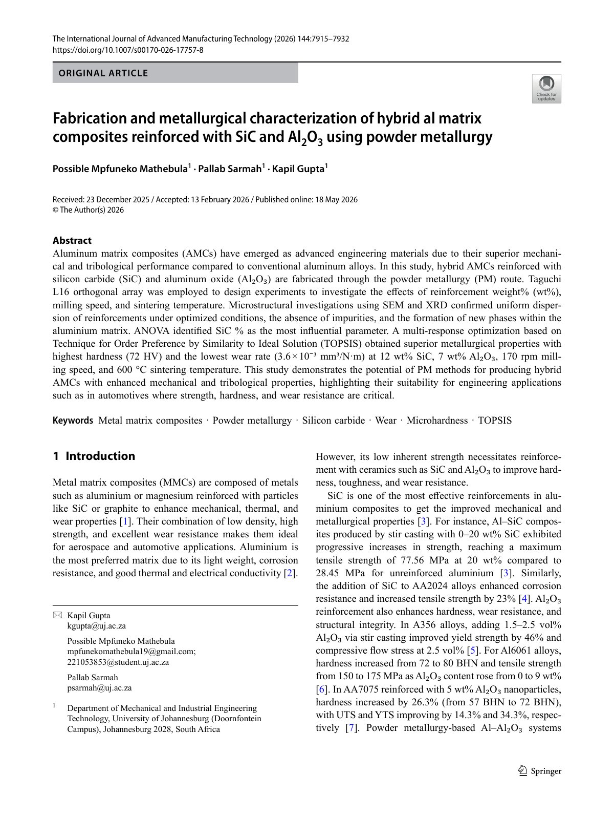 First page of 2026 Mathebula Hybrid Al SiC Al2O3 Composites