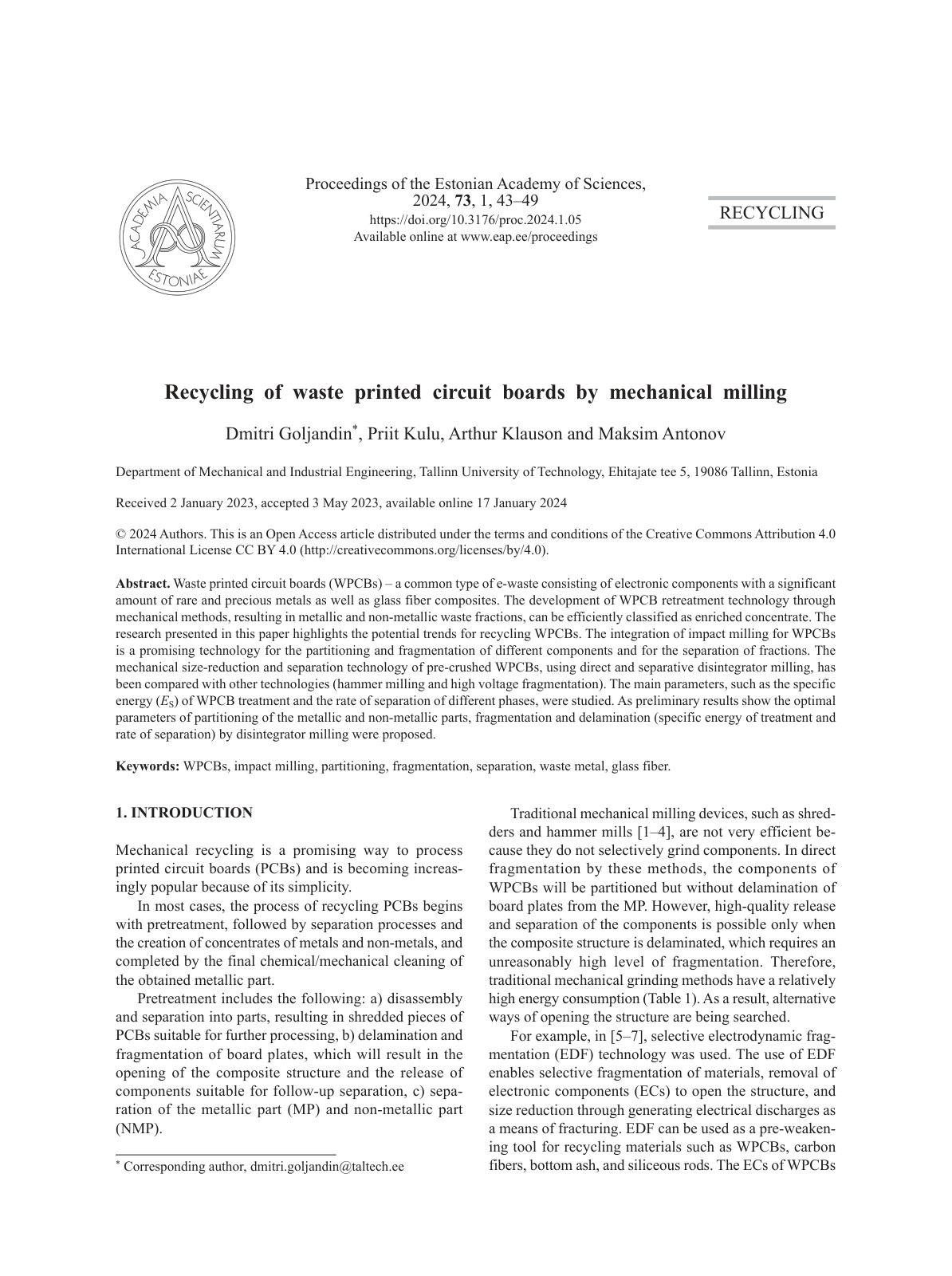 First page of Recycling of waste printed circuit board