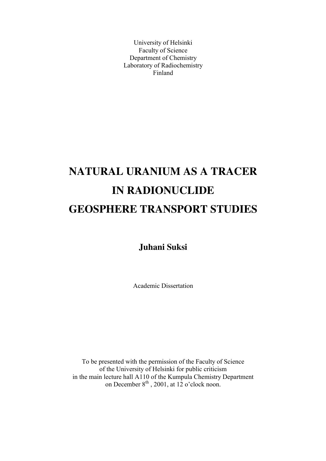 First page of NATURAL URANIUM AS A TRACER IN RADIONUCLIDE GEOSPHERE TRANSPORT STUDIES