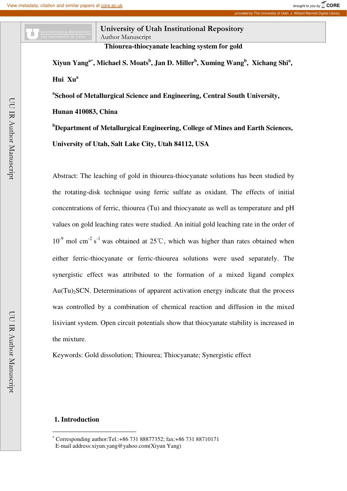 First page of Thiourea thiocyanate leaching system for