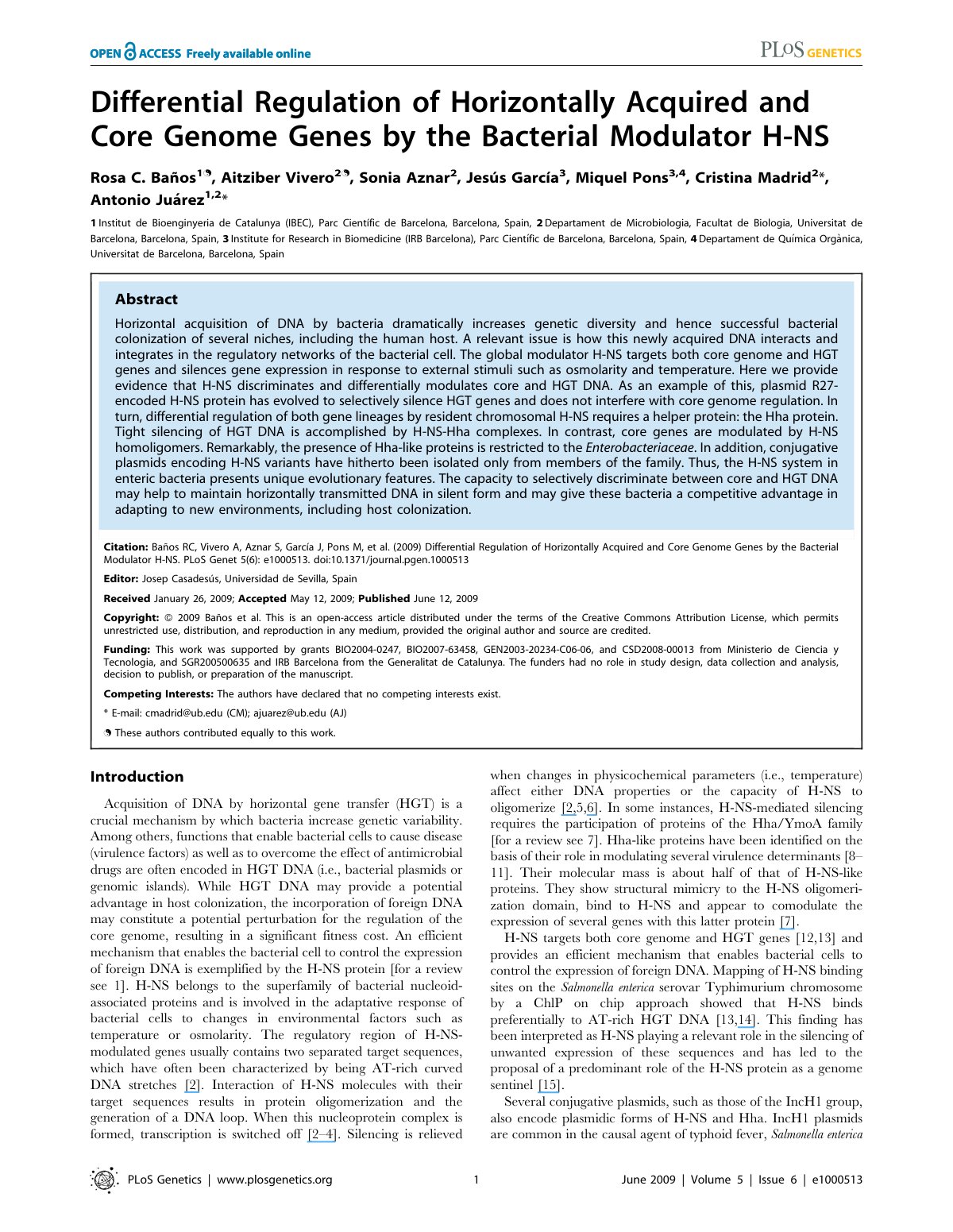 First page of Differential Regulation of Horizontally Acquired and Core Genome Genes by the Bacterial Modulator H-NS