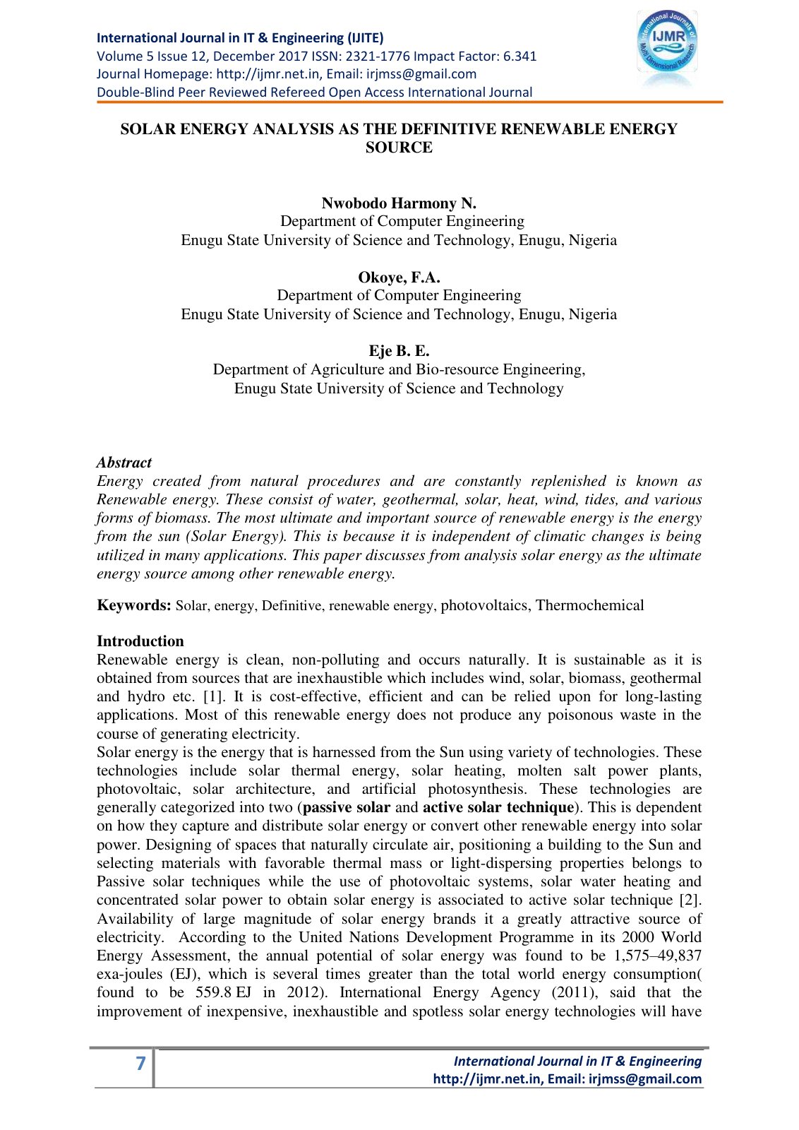First page of SOLAR ENERGY ANALYSIS AS THE DEFINITIVE RENEWABLE ENERGY SOURCE
