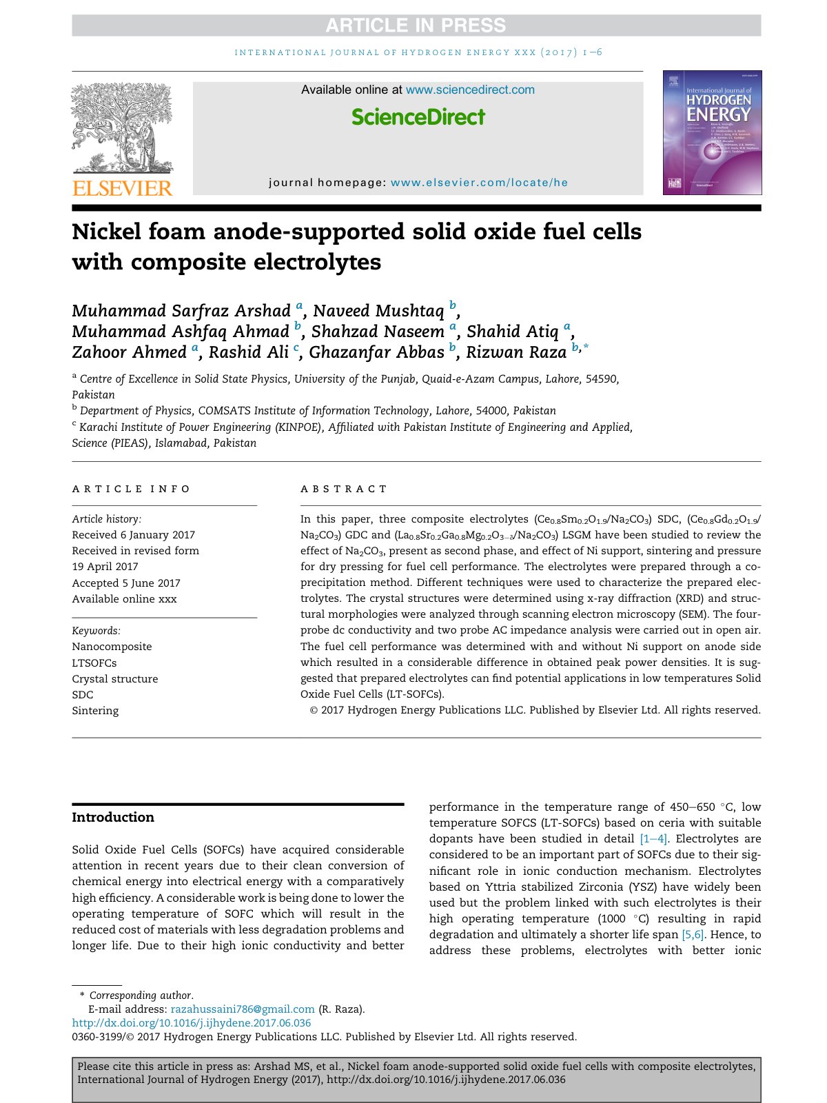 First page of Nickel foam anode-supported solid oxide fuel cells with composite electrolytes
