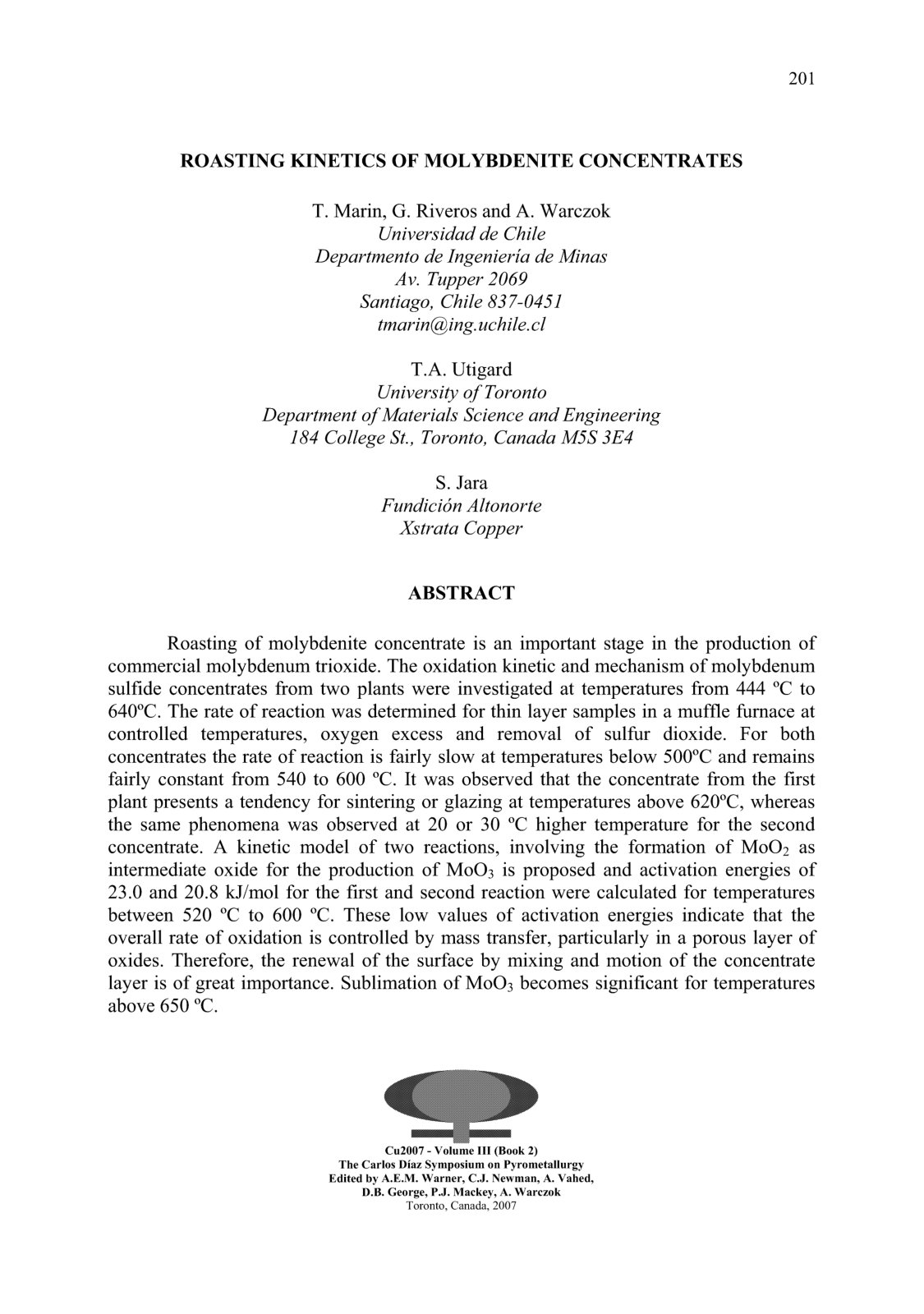 First page of Roasting Kinetics of Molybdenite Concentrates