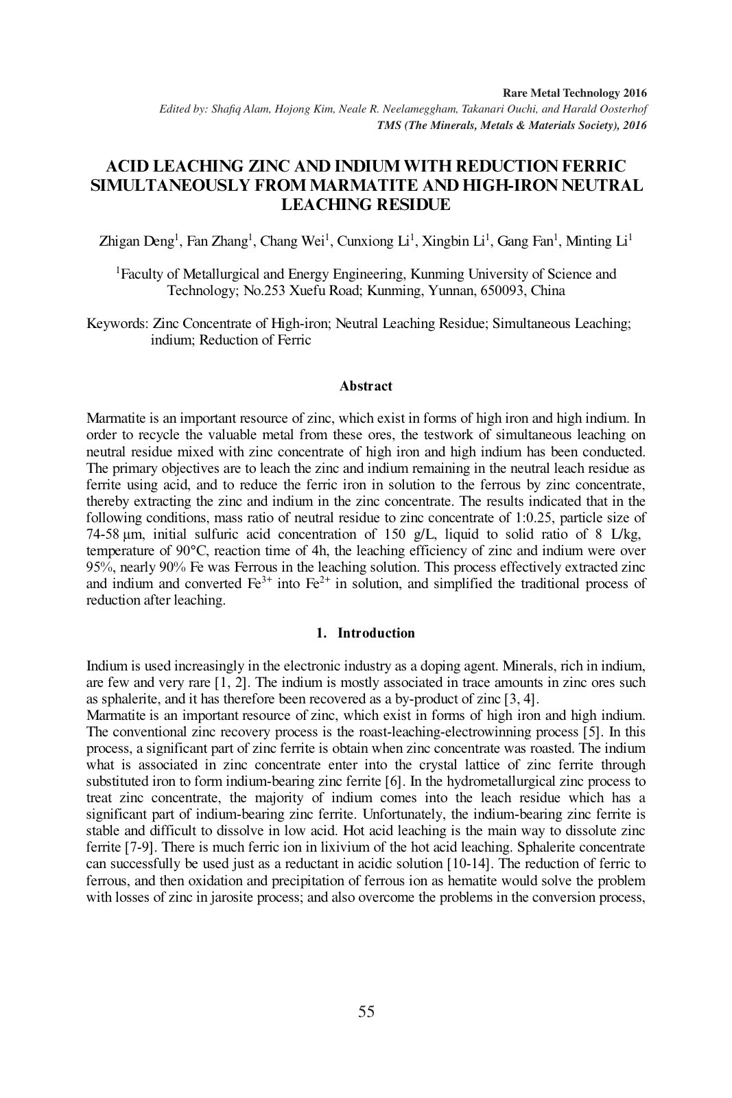 First page of ACID LEACHING ZINC AND INDIUM WITH REDUCTION FERRIC SIMULTANEOUSLY FROM MARMATITE AND HIGH-IRON NEUTRAL LEACHING RESIDUE