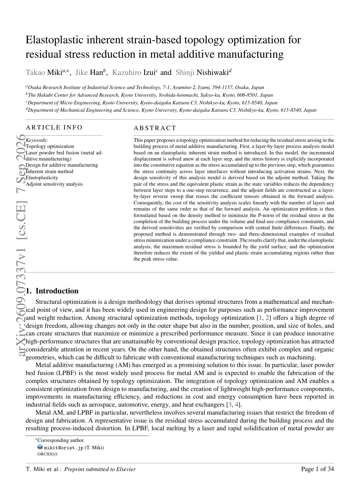 First page of Topology optimization method for reducing residual stress in metal additive manufacturing