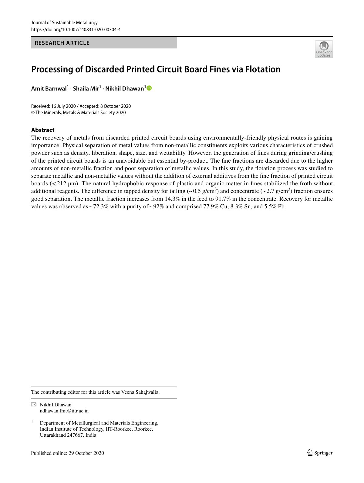 First page of Processing of Discarded Printed Circuit