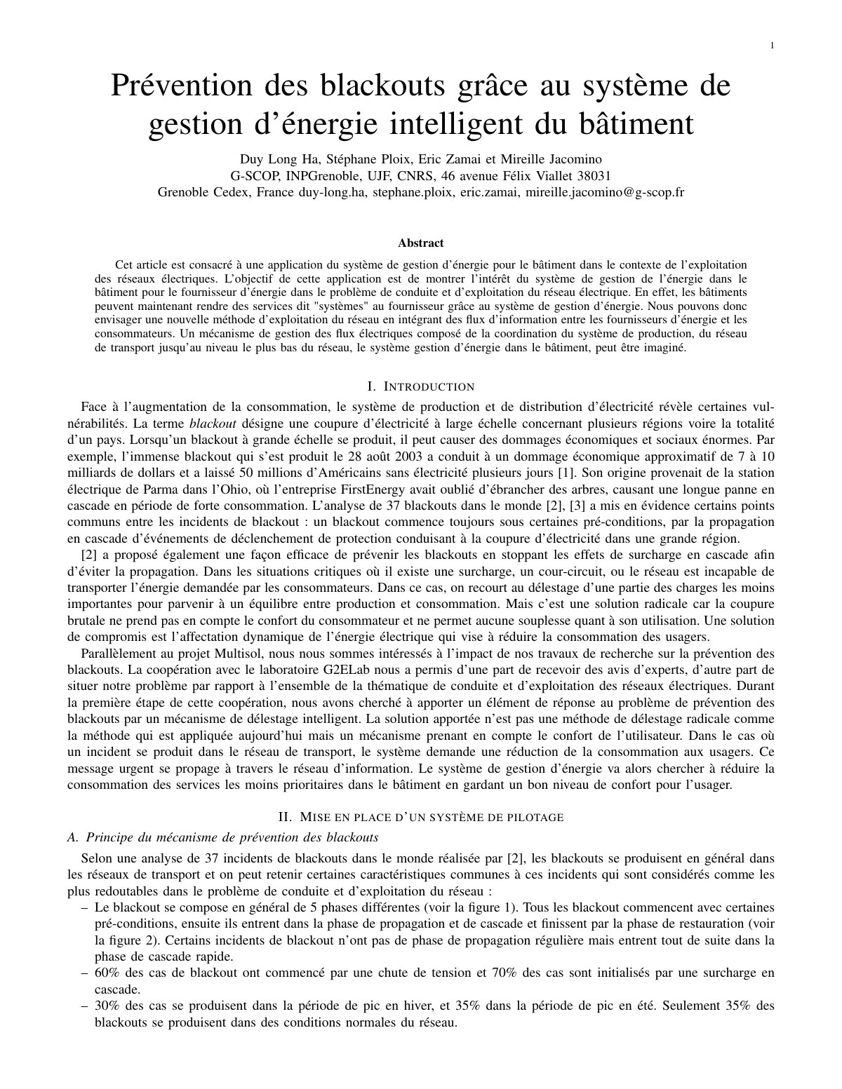 First page of Prevention des blackouts grace au system