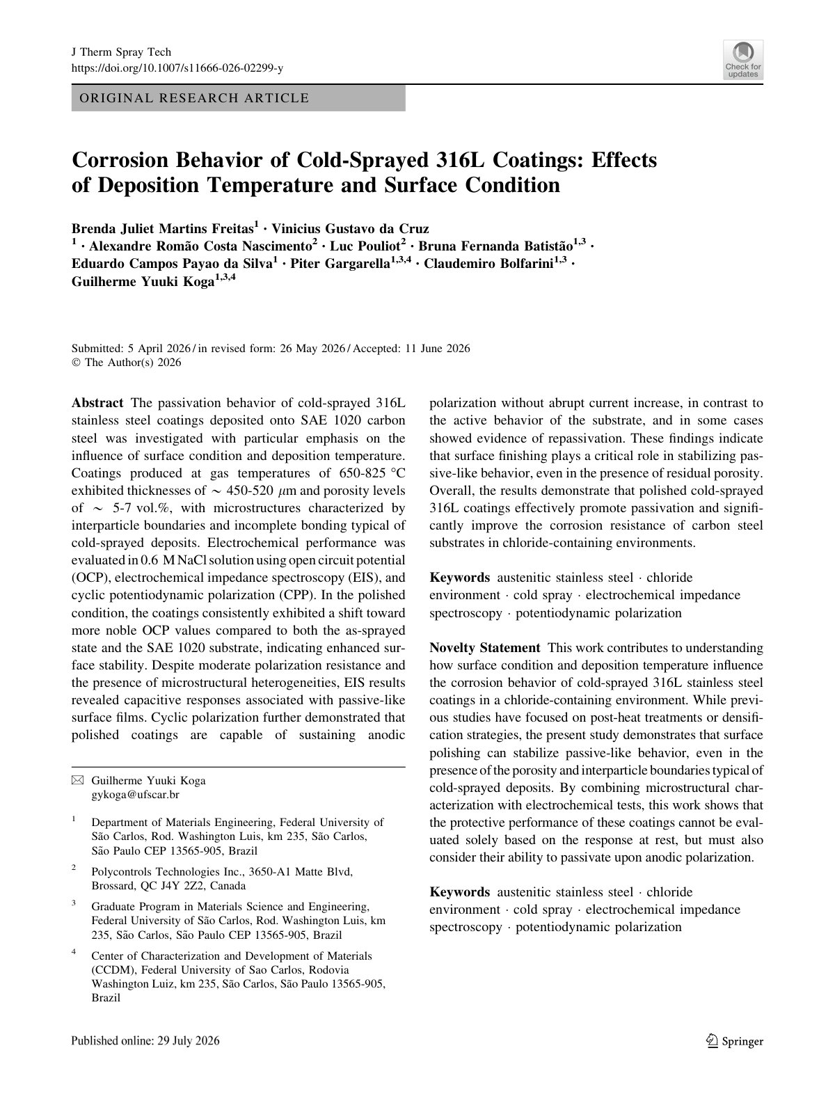 First page of Corrosion Behavior of Cold-Sprayed 316L Coatings: Effects of Deposition Temperature and Surface Condition