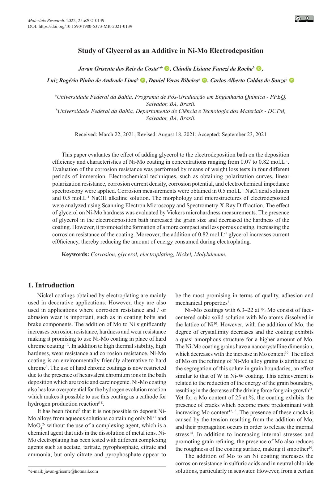 First page of Study of Glycerol as an Additive in Ni-Mo Electrodeposition