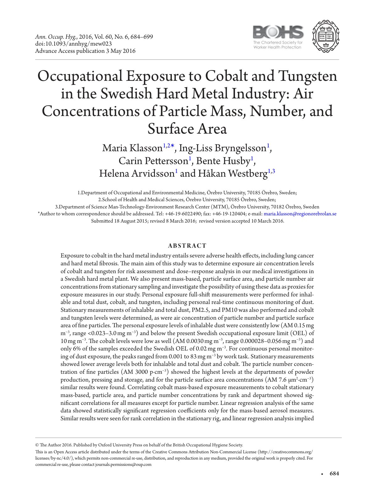 First page of Occupational Exposure to Cobalt and Tungsten in the Swedish Hard Metal Industry: Air Concentrations of Particle Mass, Number, and Surface Area