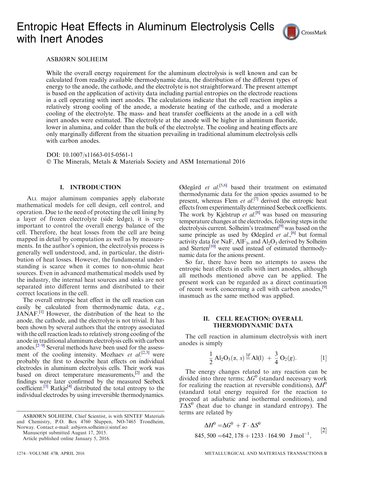 First page of Entropic Heat Effects in Aluminum Electrolysis Cells with Inert Anodes