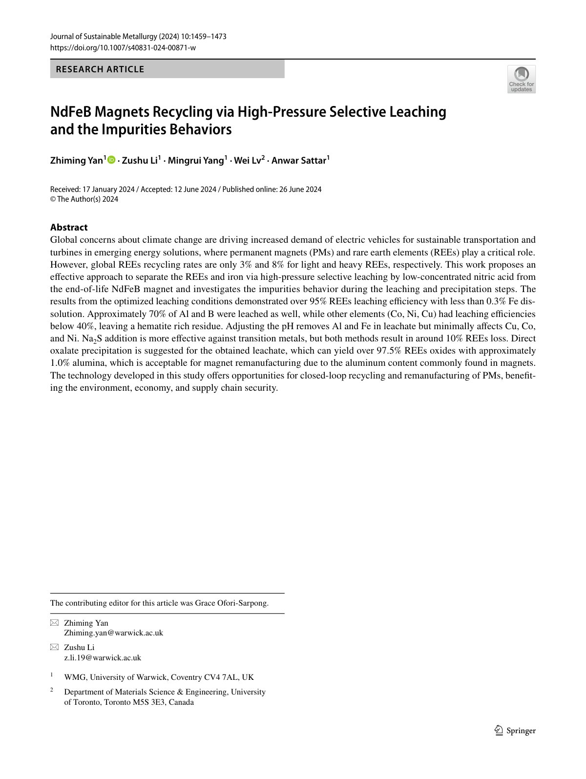 First page of NdFeB Magnets Recycling via High‑Pressure Selective Leaching and the Impurities Behaviors