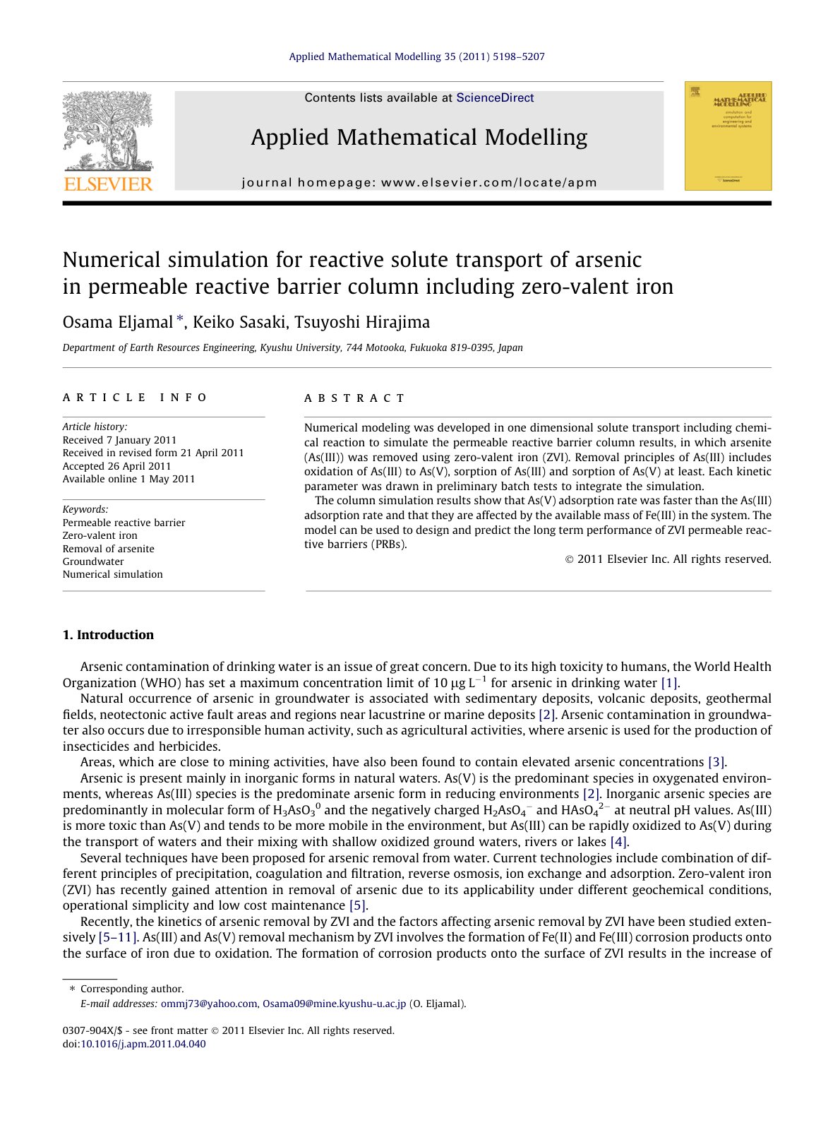 First page of Numerical simulation for reactive solute