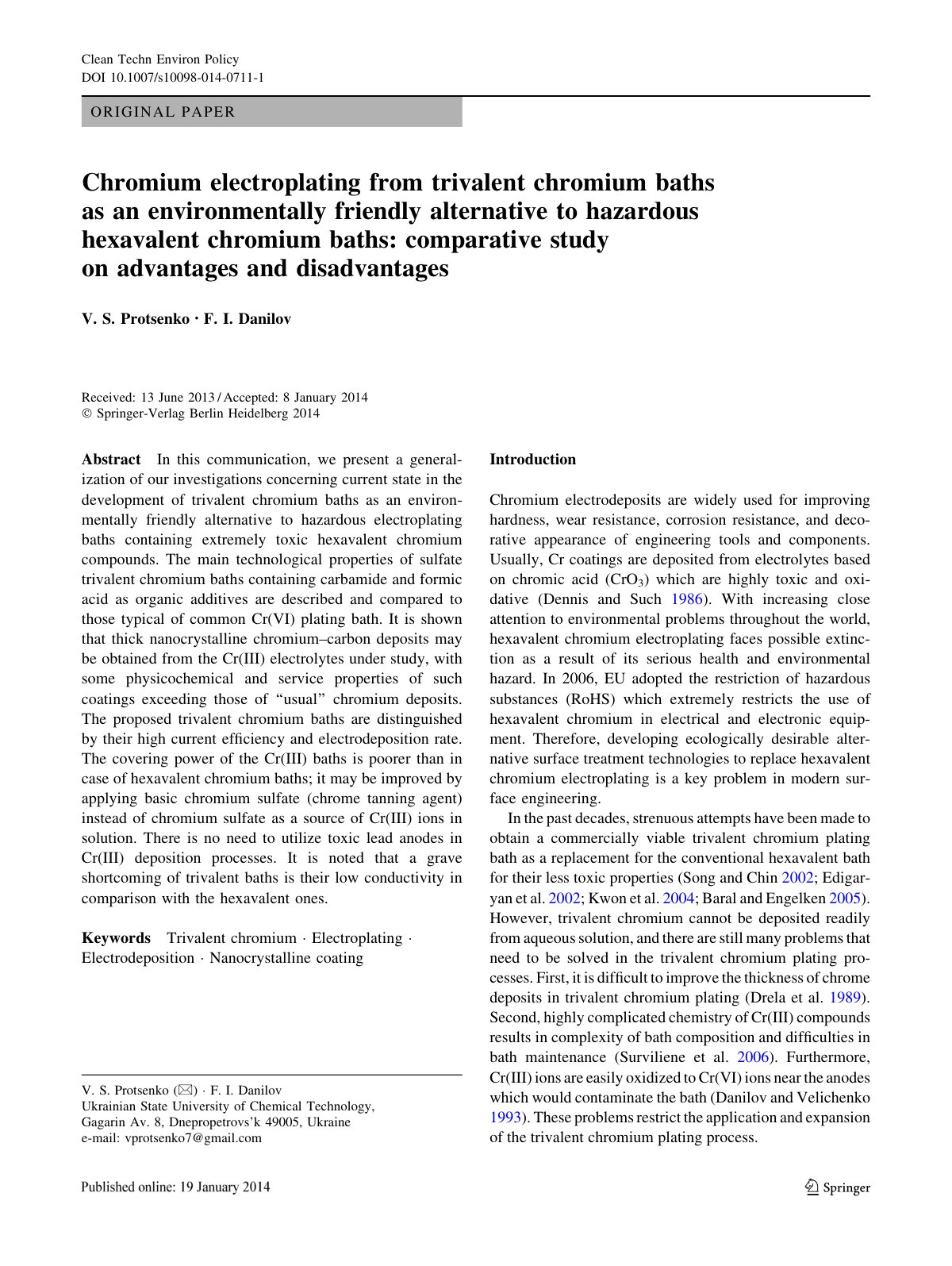 First page of Chromium electroplating from trivalent chromium baths as an environmentally friendly alternative to hazardous hexavalent chromium baths: comparative study on advantages and disadvantages