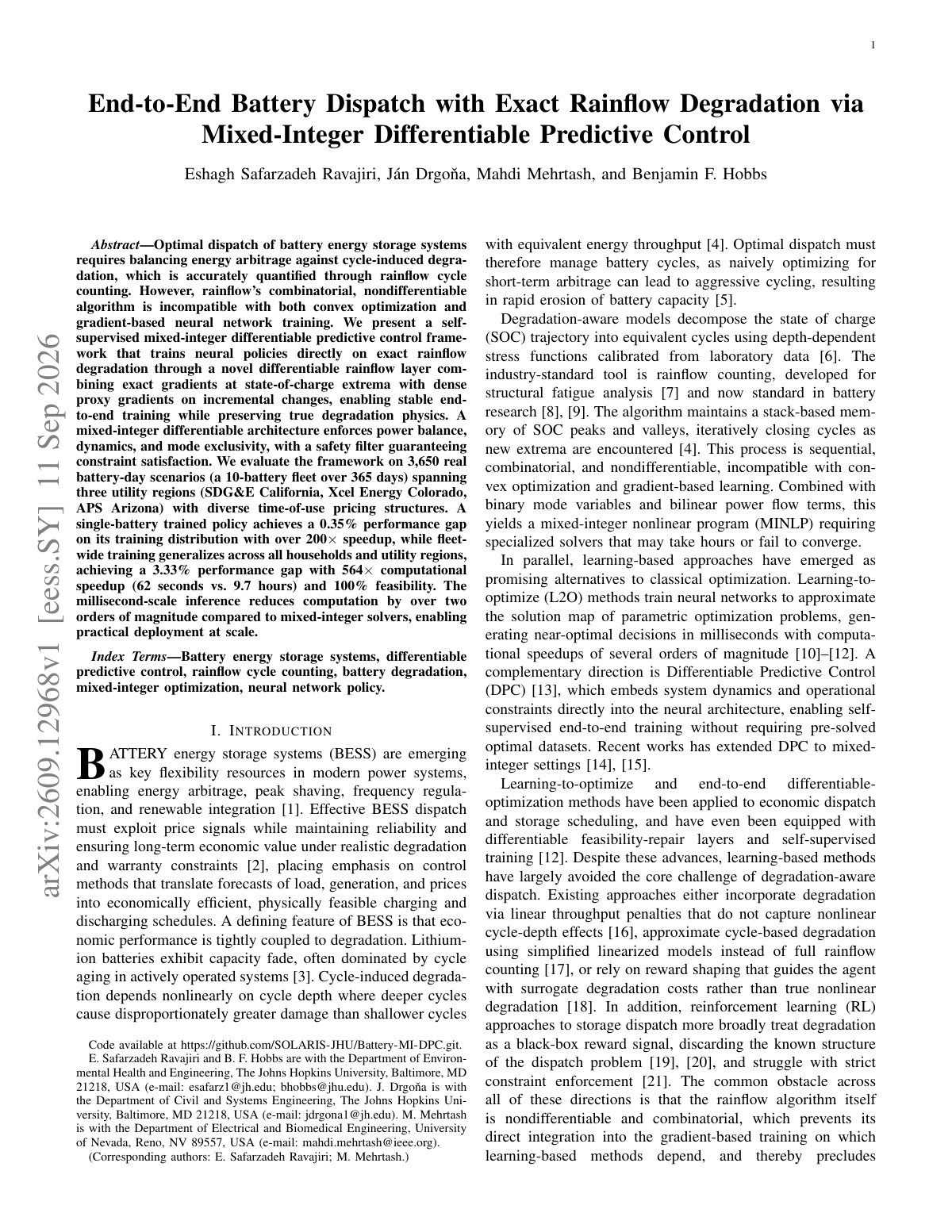 First page of End-to-End Battery Dispatch with Exact Rainflow Degradation via Mixed-Integer Differentiable Predictive Control