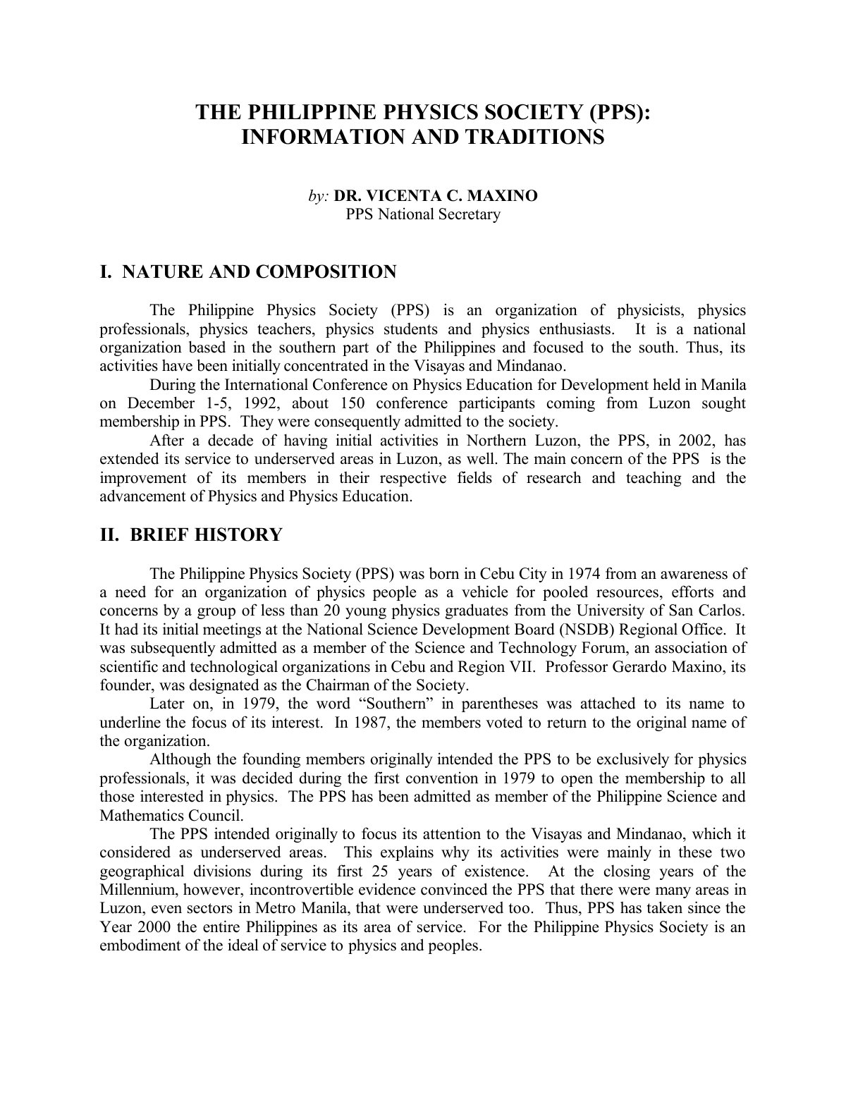 First page of THE PHILIPPINE PHYSICS SOCIETY (PPS): INFORMATION AND TRADITIONS