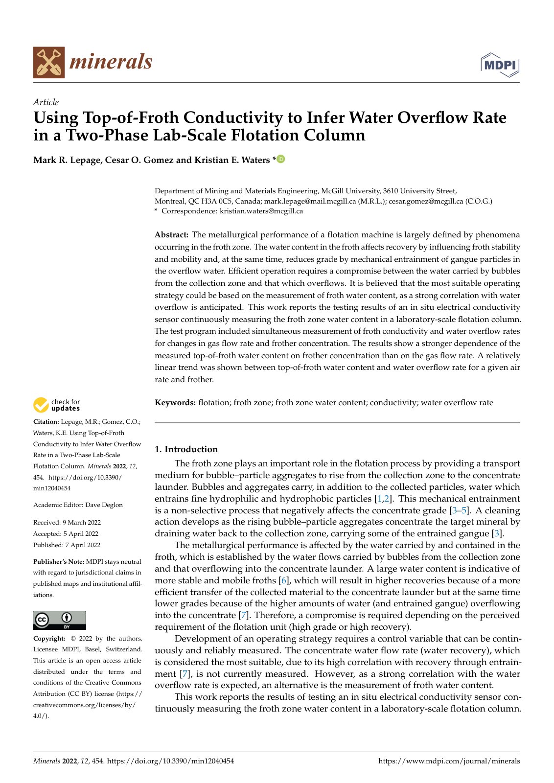 First page of Using Top-of-Froth Conductivity to Infer Water Overflow Rate in a Two-Phase Lab-Scale Flotation Column