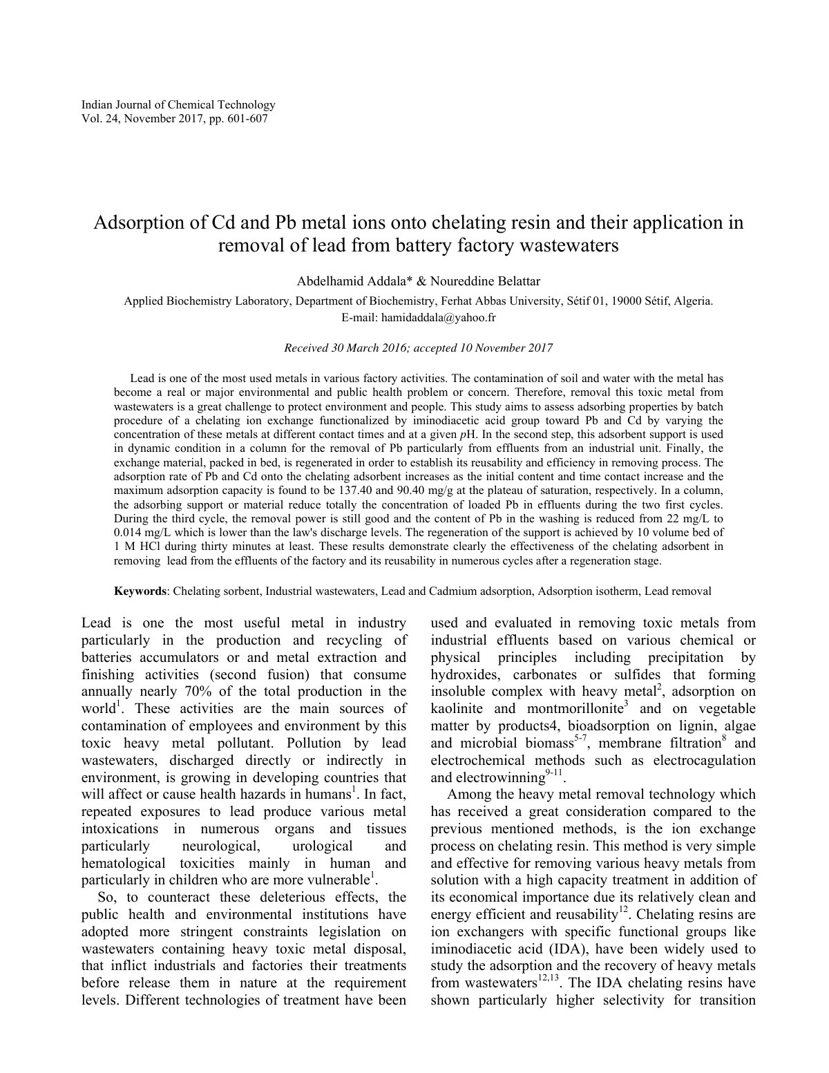 First page of Adsorption of Cd and Pb metal ions onto