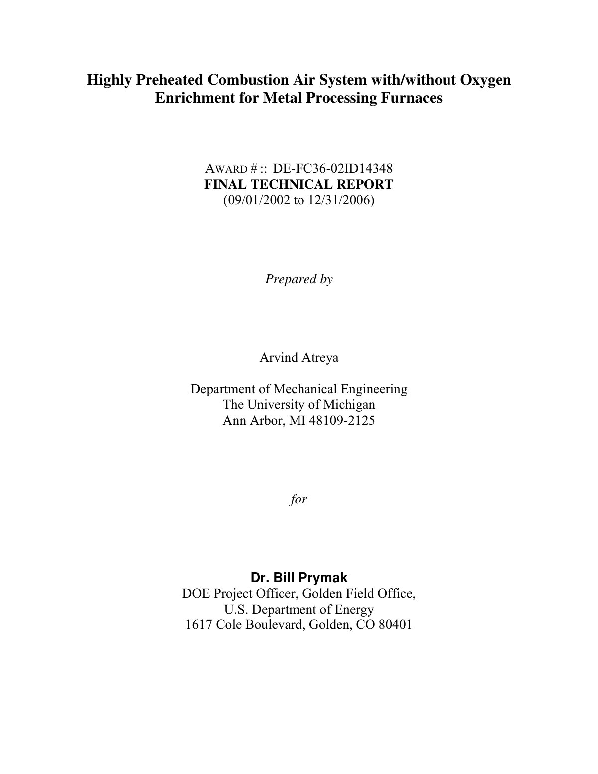First page of Final report on the project entitled Hig