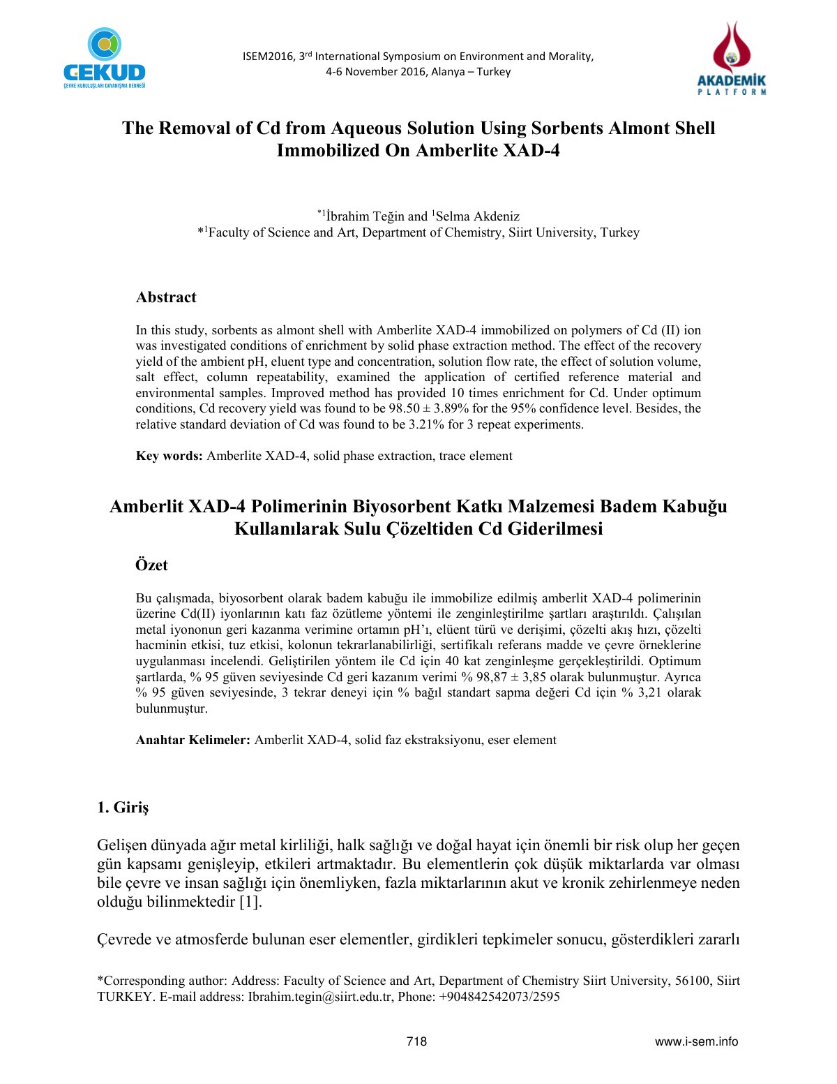 First page of The Removal of Cd from Aqueous Solution Using Sorbents Almont Shell Immobilized On Amberlite XAD-4