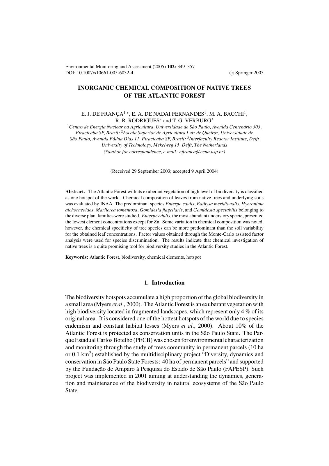 First page of Inorganic Chemical Composition of Native Trees of the Atlantic Forest