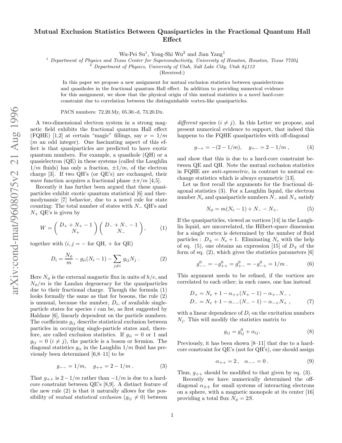 First page of Mutual Exclusion Statistics Between Quasiparticles in the F ractional Quantum Hall Eﬀect