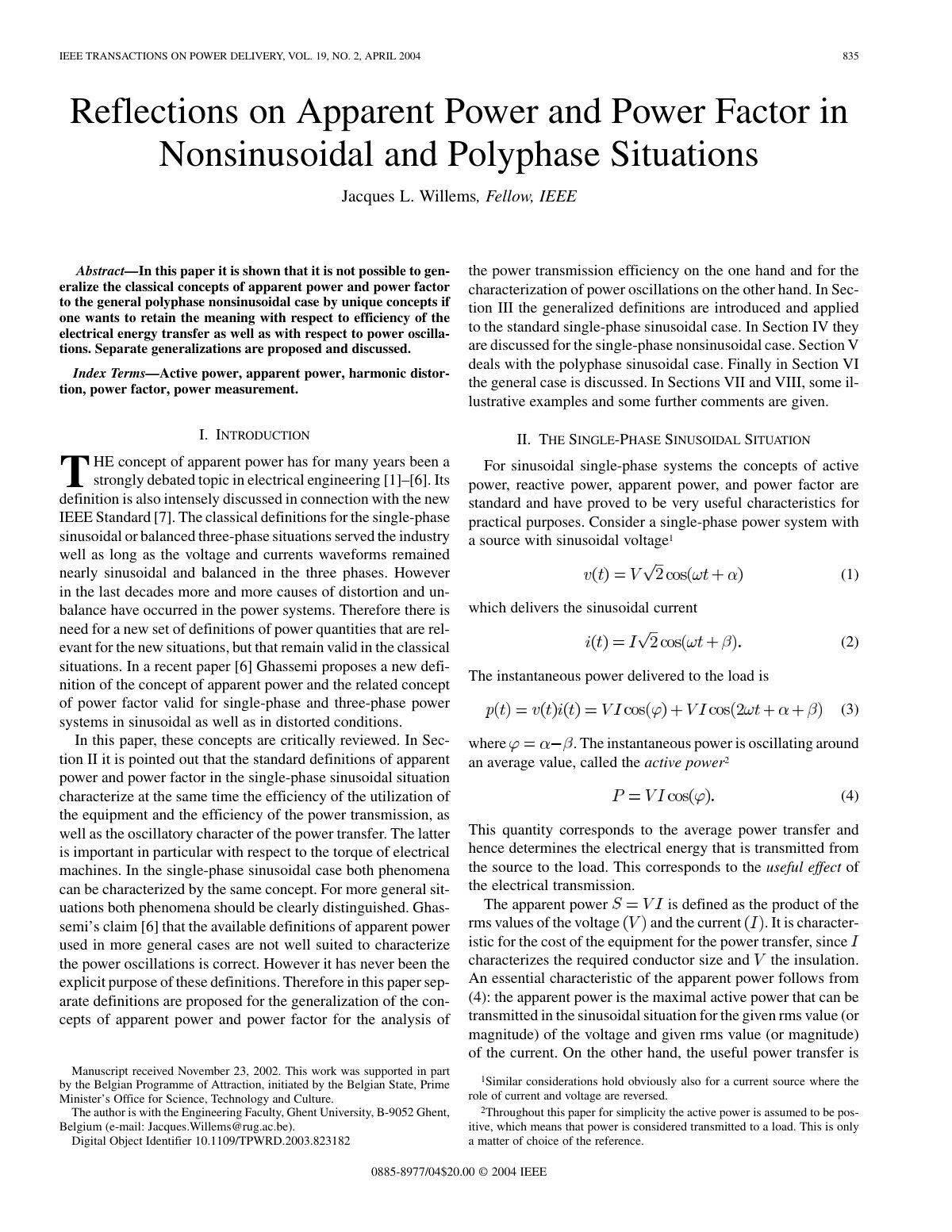First page of Reflections on Apparent Power and Power Factor in Nonsinusoidal and Polyphase Situations