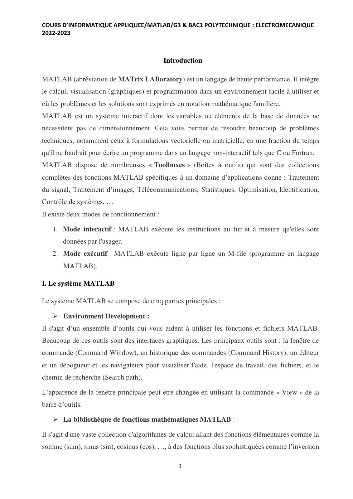 First page of Cours de Matlab 2022 2023