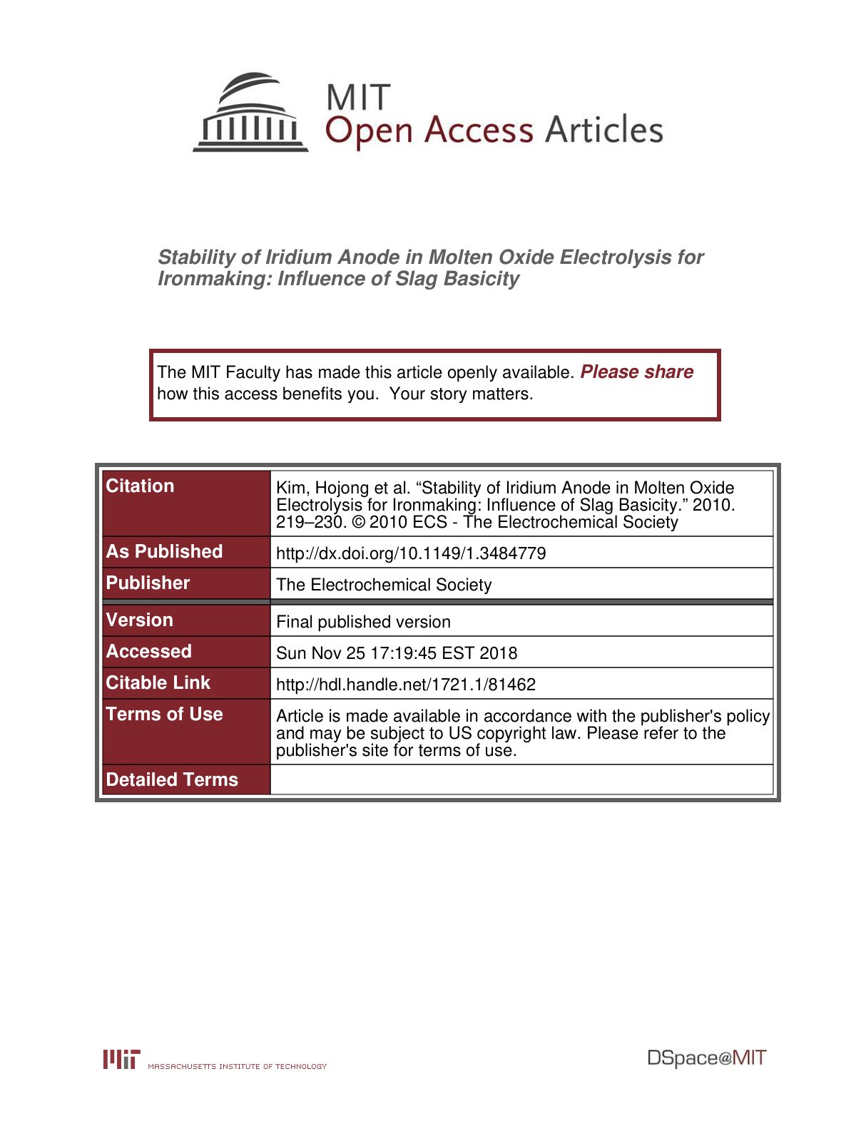 First page of Stability of Iridium Anode in Molten Oxi