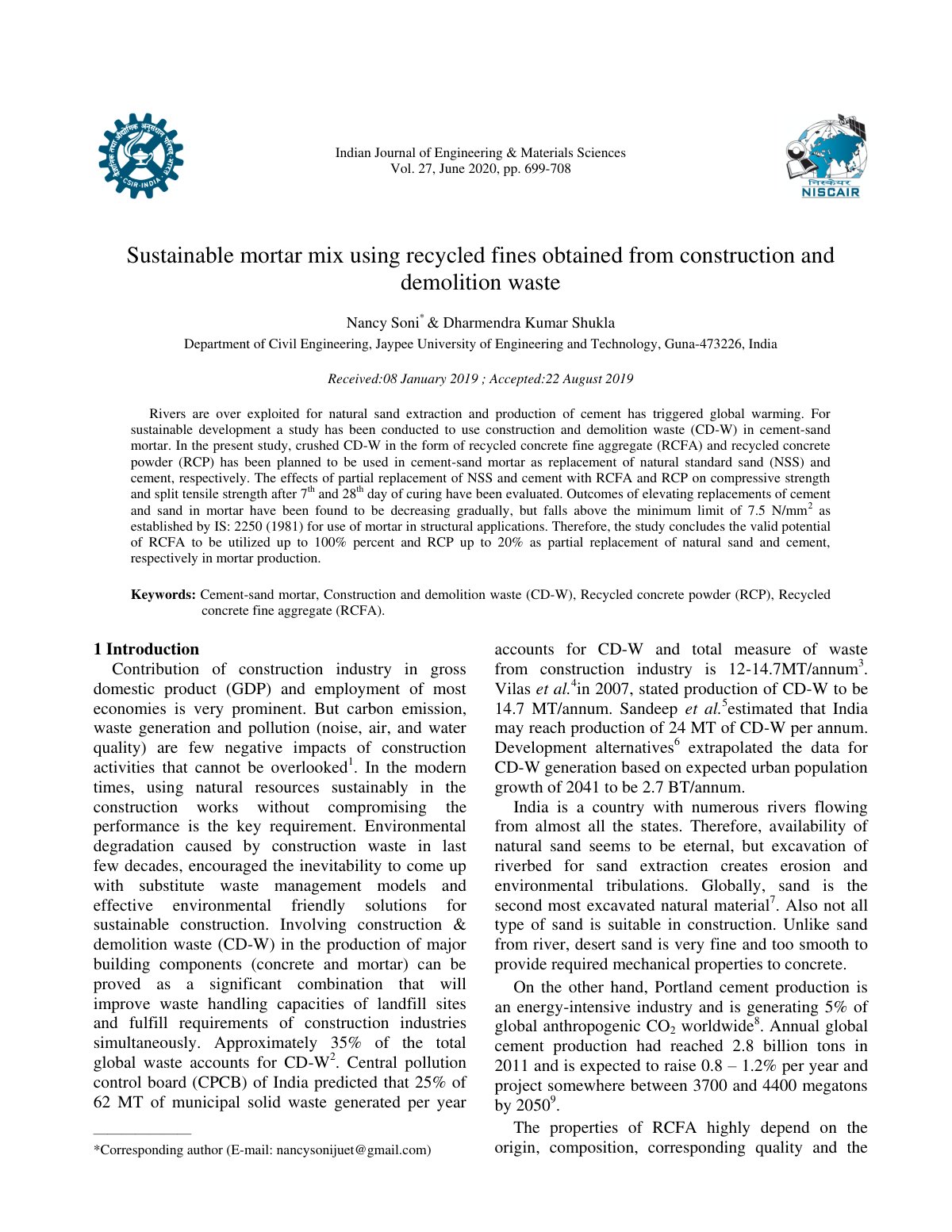First page of Sustainable mortar mix using recycled fines obtained from construction and demolition waste
