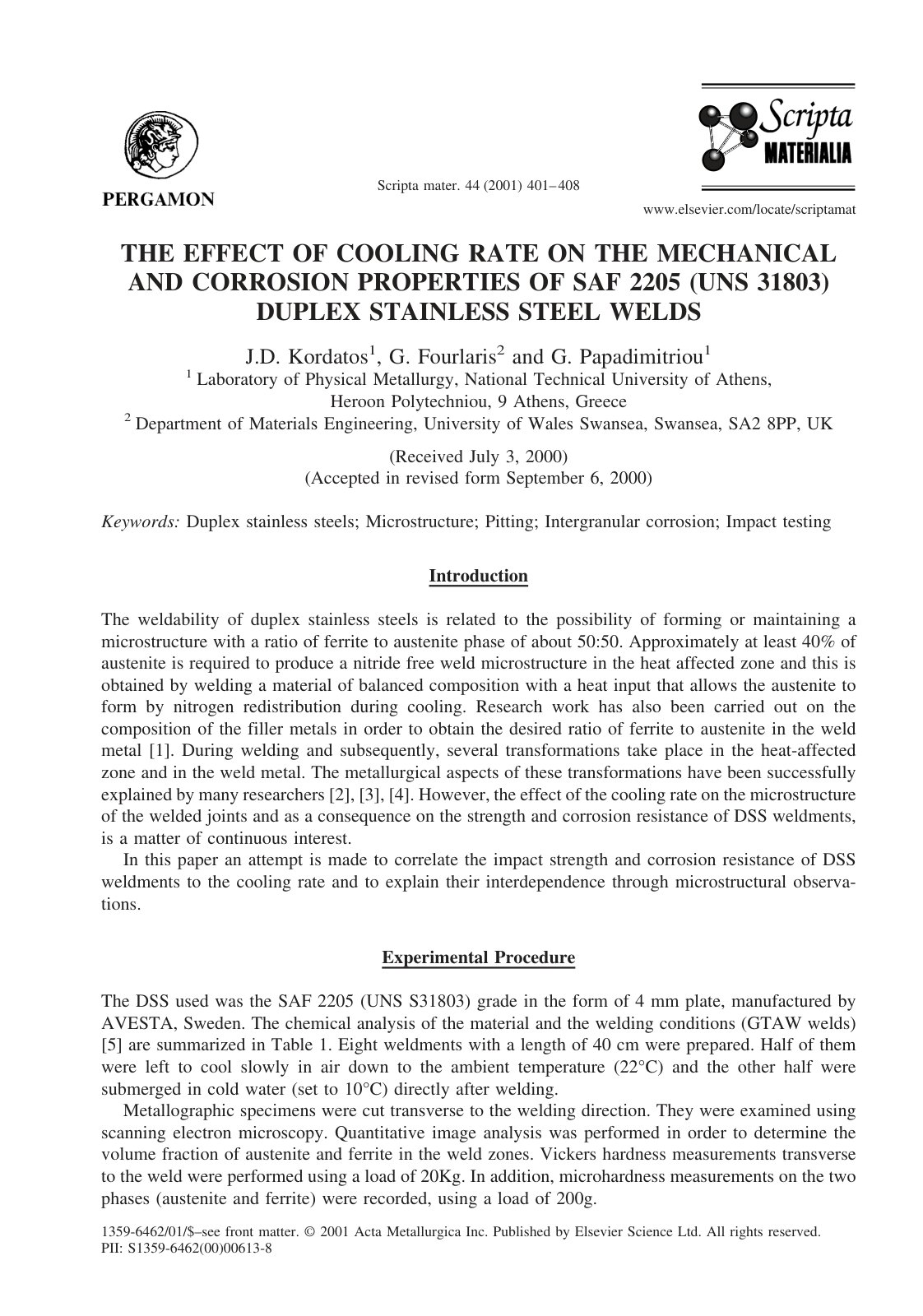 First page of THE EFFECT OF COOLING RATE ON THE MECHANICAL AND CORROSION PROPERTIES OF SAF 2205 (UNS 31803) DUPLEX STAINLESS STEEL WELDS