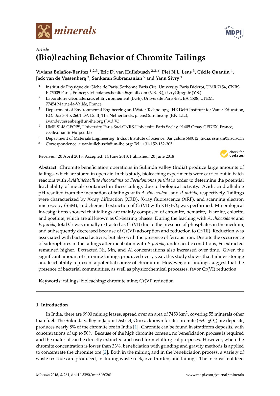 First page of (Bio)leaching Behavior of Chromite Tailings